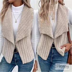 Brynn Fleece Open Front Vest - Khaki